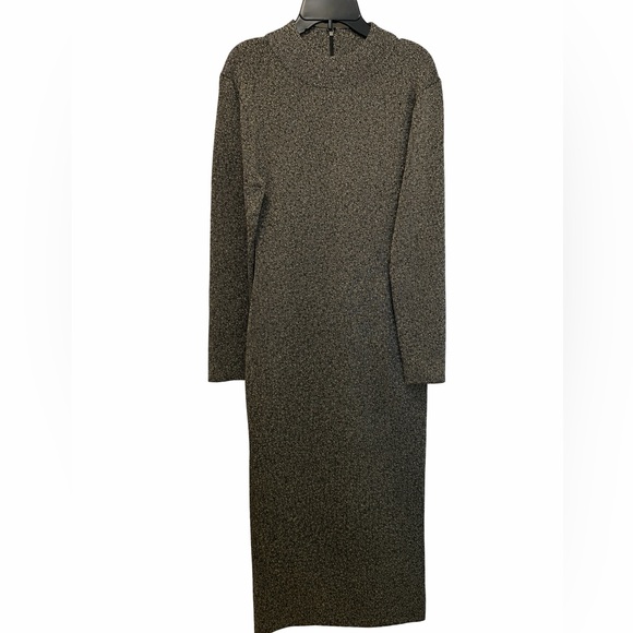 Michael Michael Kors Black & Gold Metallic Midi Dress Long Sleeve NWT L - Picture 1 of 7